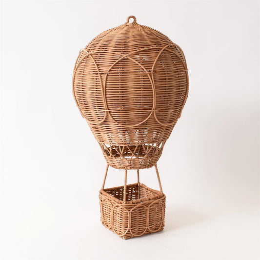 Decorative rattan hot air balloon sculpture by Luxe B Co, featuring woven rattan design perfect for home decor accents.