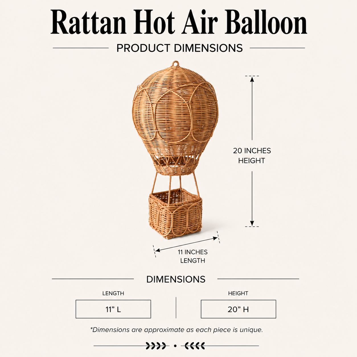 Decorative rattan hot air balloon by Luxe B Co., featuring intricate woven design, perfect as a charming home decor accent.