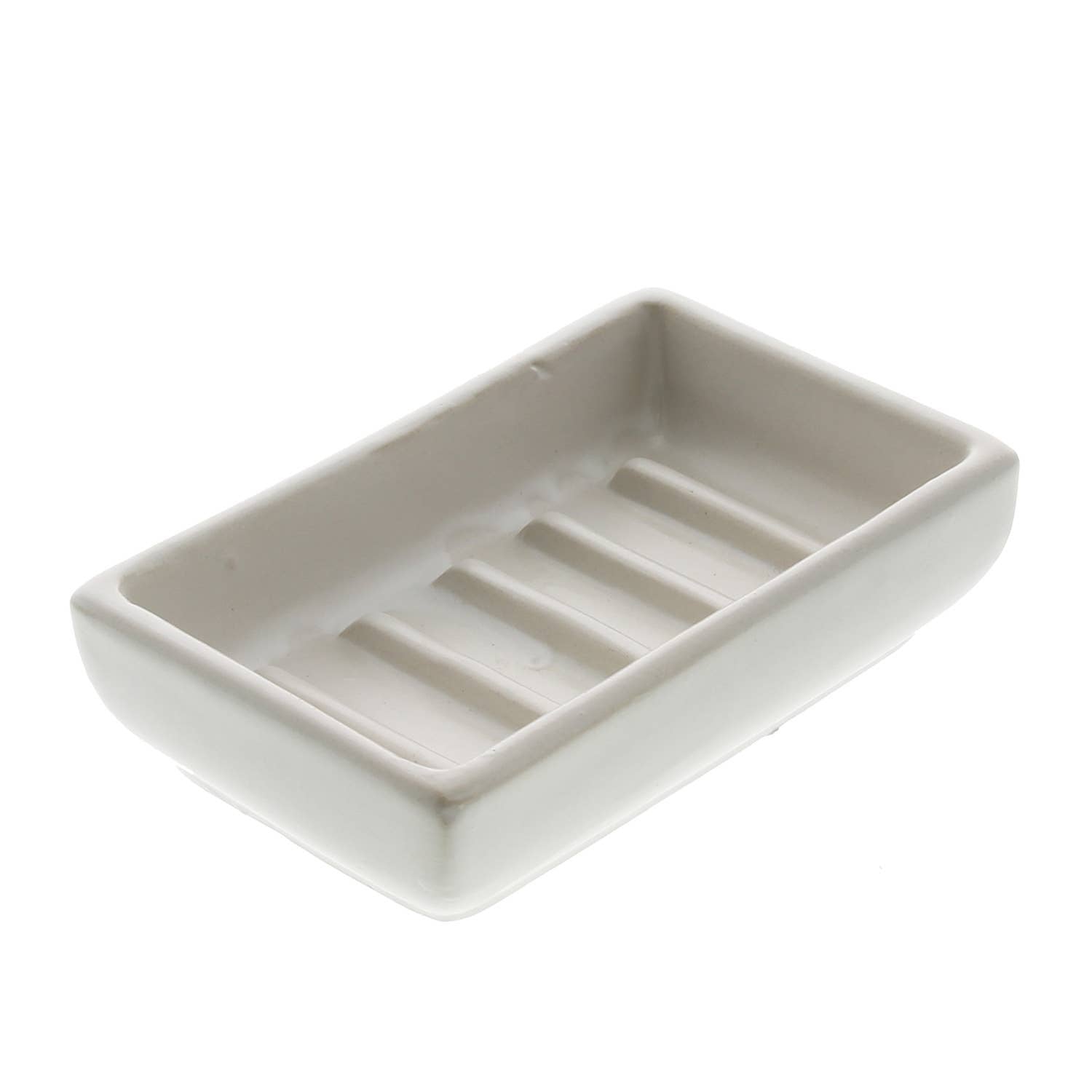 Rectangular beige ceramic soap dish on a white background