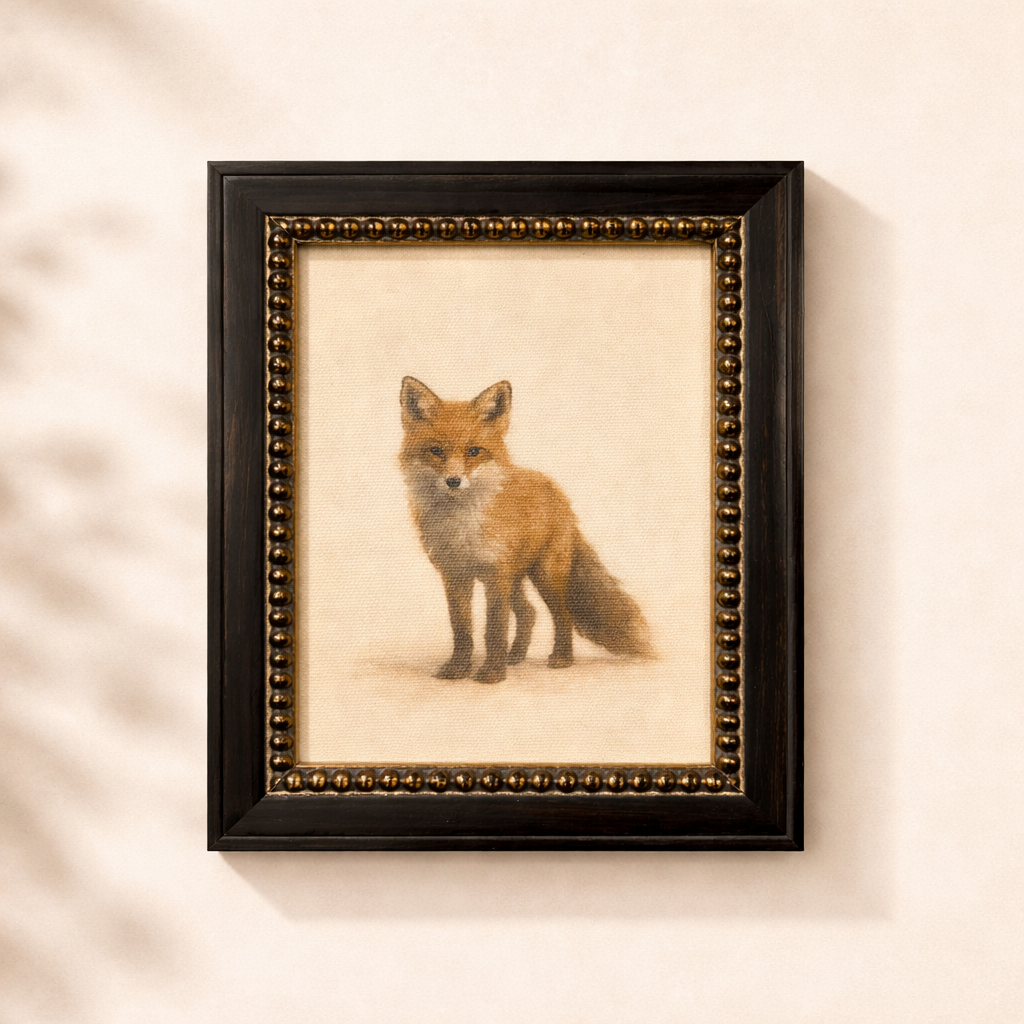 Red fox framed art by Luxe B Co featuring French beaded brass-inspired design, decorative wall art with vibrant red fox imagery.