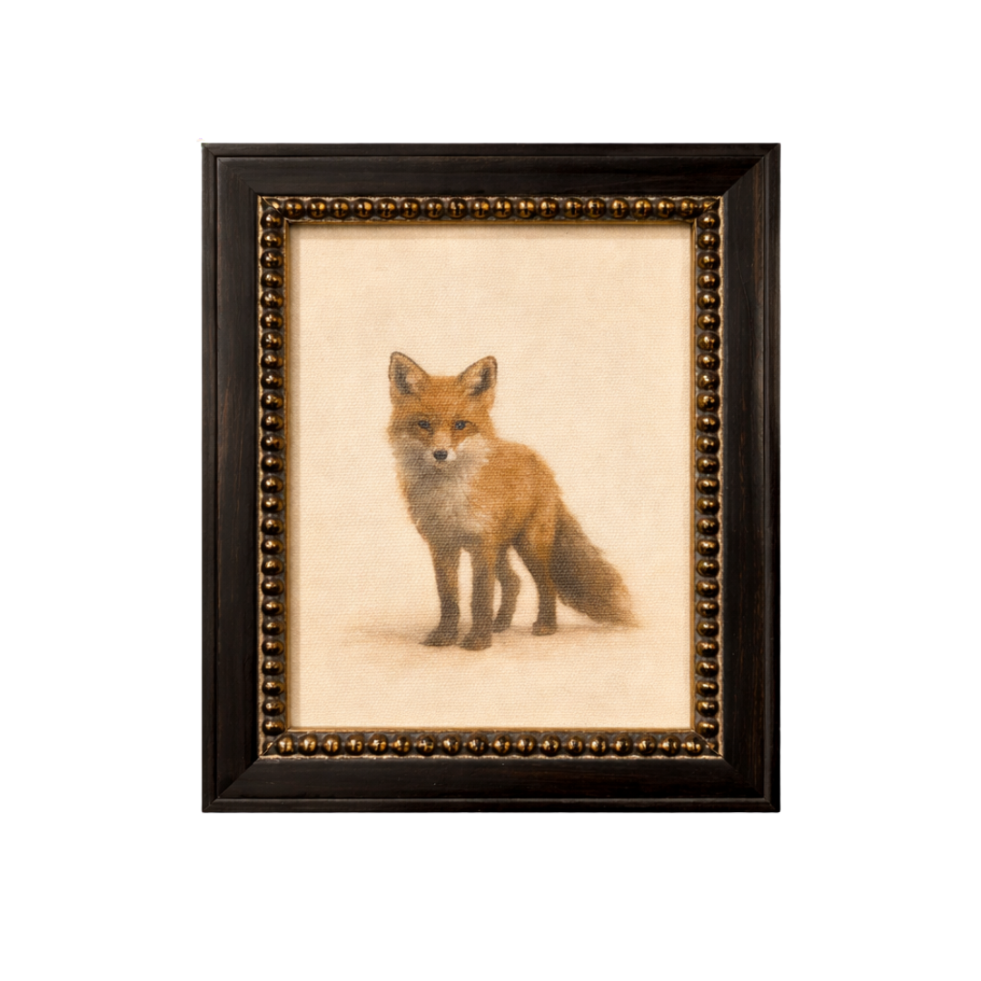 Framed art featuring a red fox with French beaded brass-inspired design, crafted by Luxe B Co.
