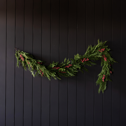 Red plum and frosted berry Norfolk Cypress Christmas garland, 6 ft, real touch greenery with festive accents by Luxe B Co.