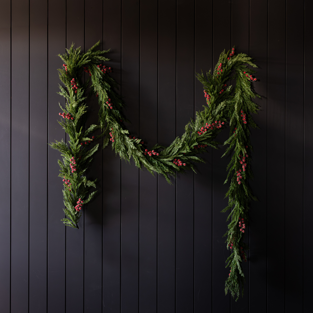 15-foot red plum frosted berry Norfolk cypress Christmas garland with realistic touch foliage, ideal for holiday decorating.