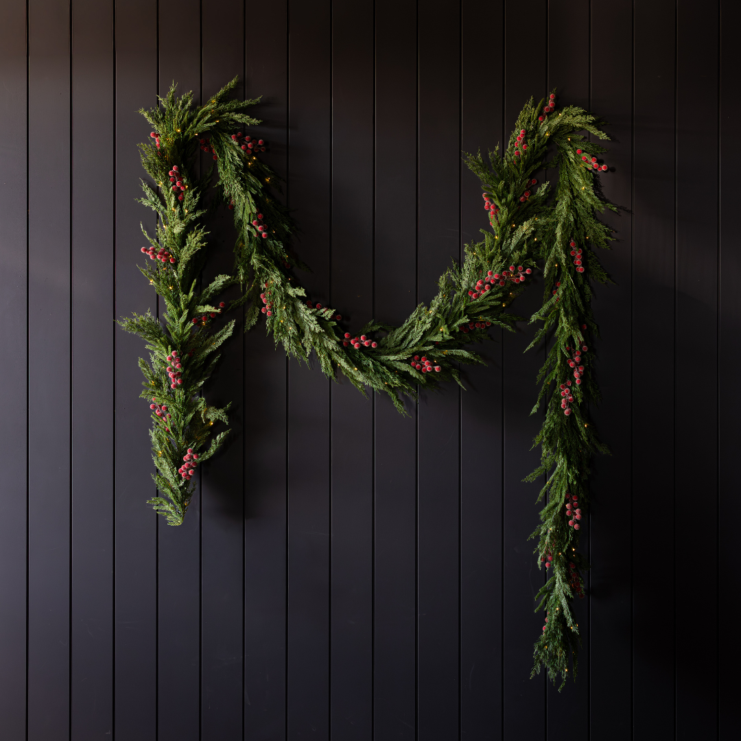 Red plum and frosted berry Norfolk Cypress Christmas garland, 15 ft, with realistic touch leaves and berries, by Luxe B Co.