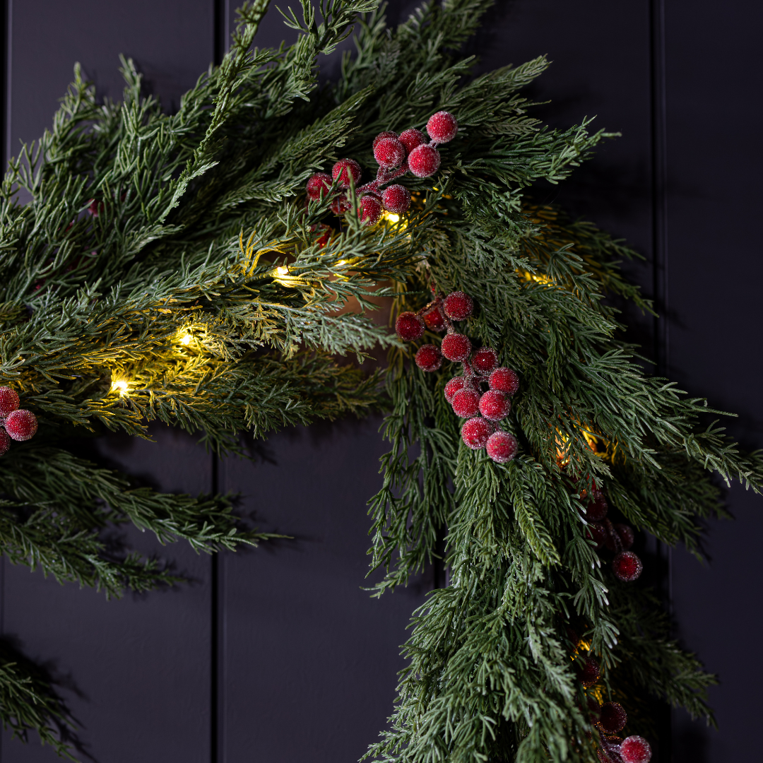 Red plum and frosted berry Norfolk Cypress Christmas garland, 15 ft, with realistic touch leaves and berries by Luxe B Co.