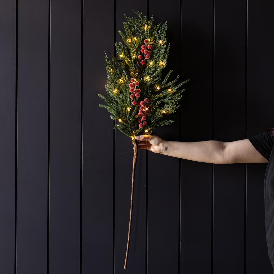 Red plum, frosted berry, and Norfolk cypress real touch stems by Luxe B Co, showcasing realistic botanical accents.
