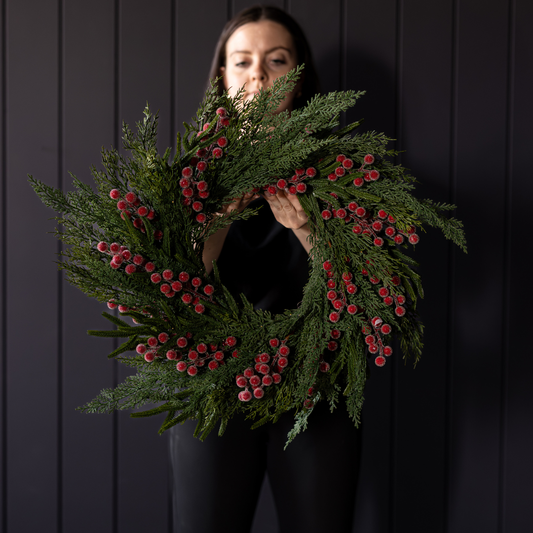 Red plum frosted berry Norfolk Cypress real touch wreath, 24 inches, featuring vibrant berries and lush greenery by Luxe B Co.