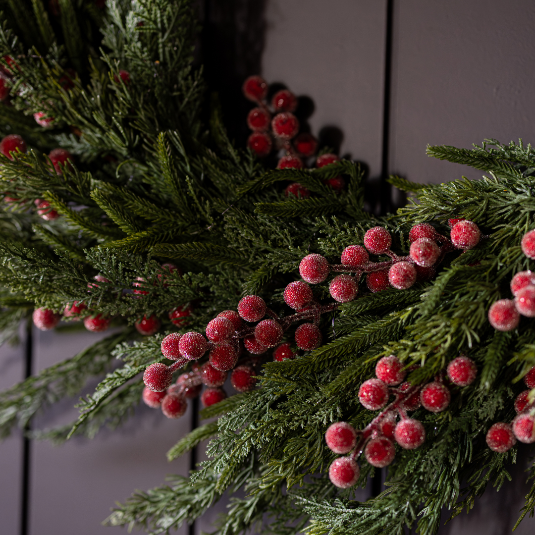 Red plum frosted berry Norfolk Cypress real touch wreath, 34-inch, featuring lush greenery and vibrant berries for seasonal decor.