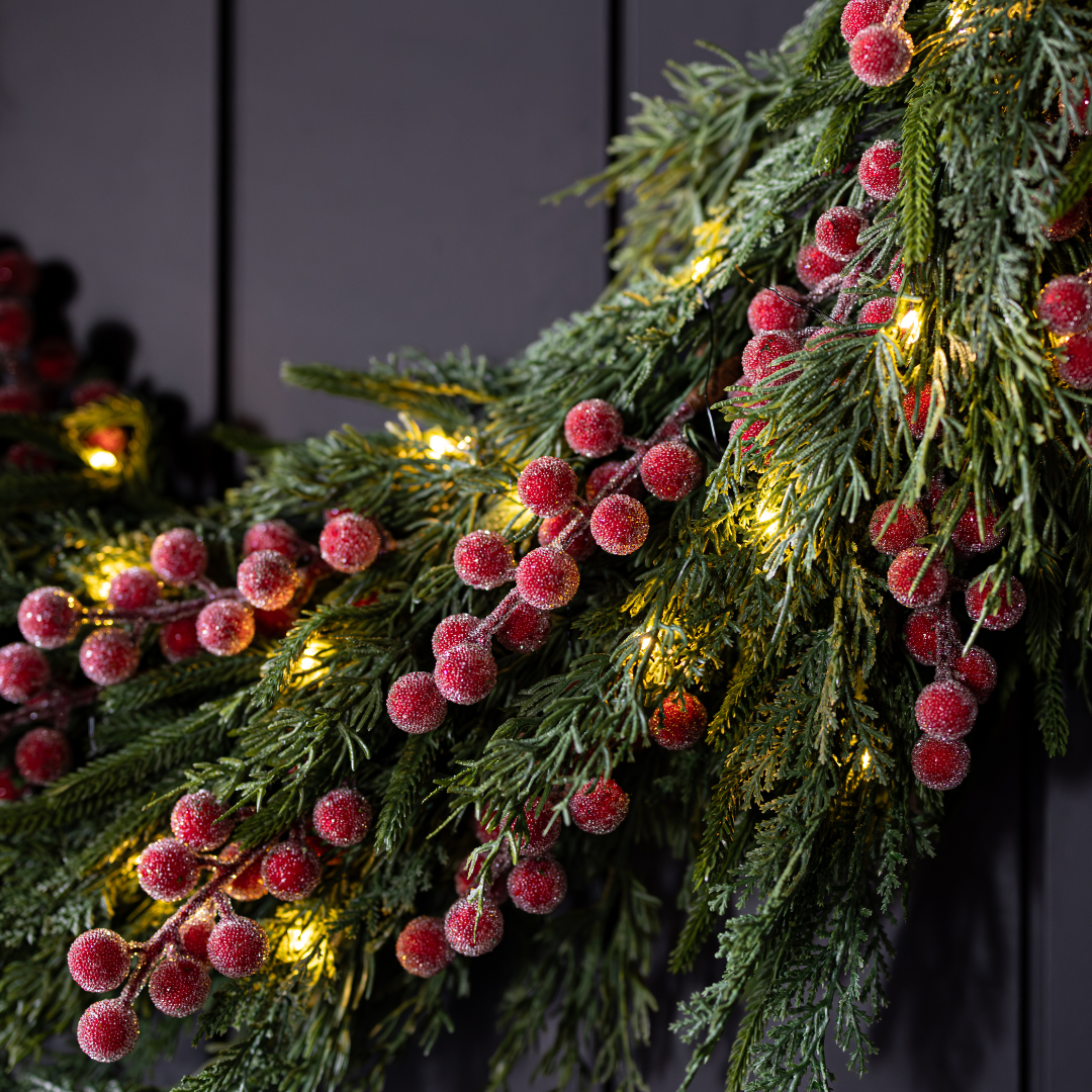 Red plum frosted berry Norfolk Cypress real touch wreath, 34-inch Luxe B Co decorative wreath with red and green accents.