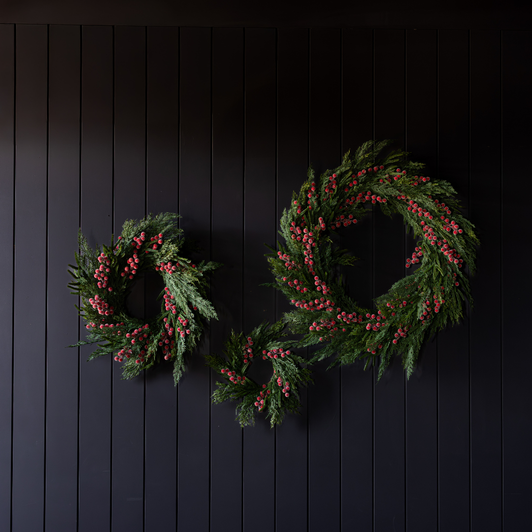 Red plum frosted berry Norfolk Cypress real touch wreath, 34 inches, featuring lush greenery and frosted berries for festive decor.