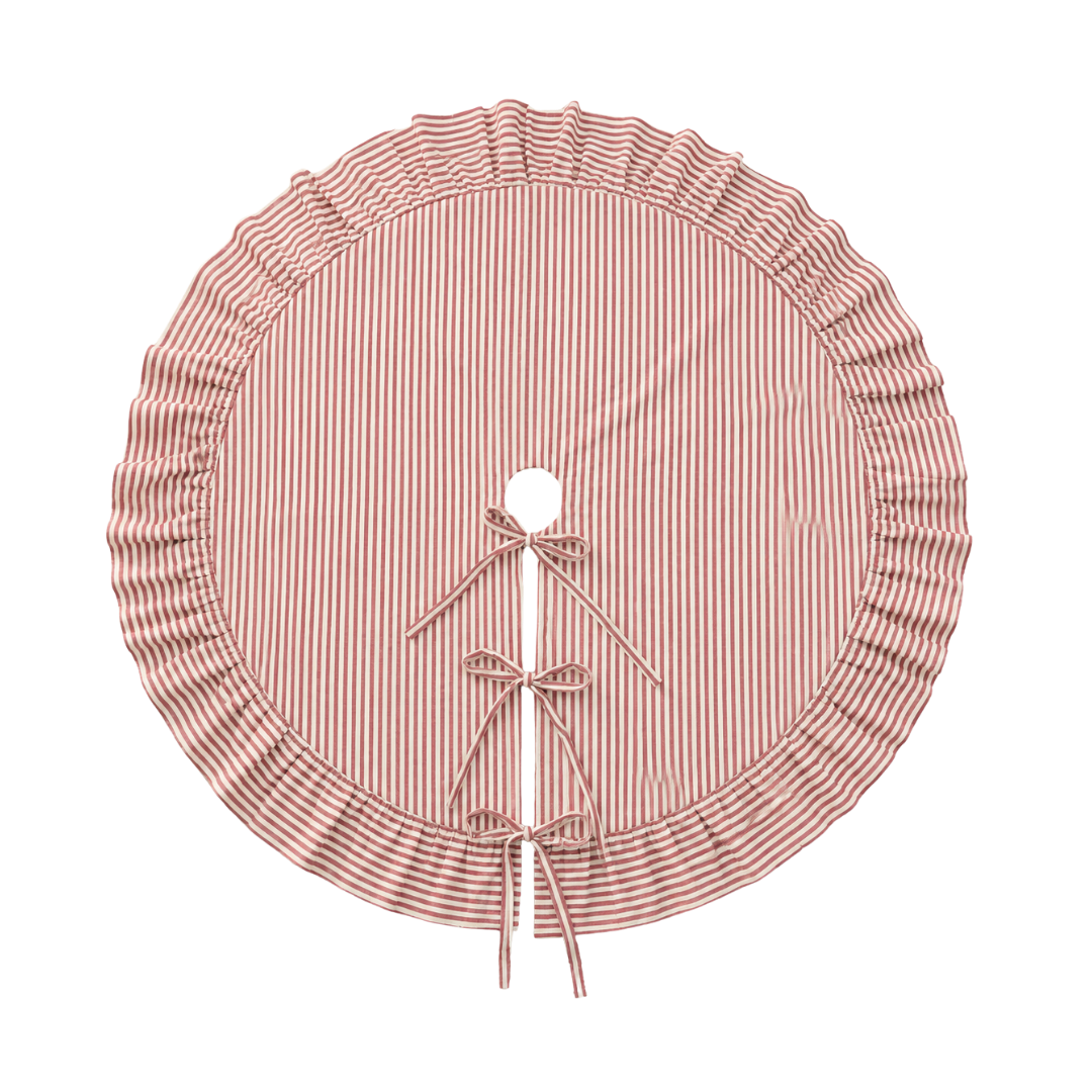 Red stripe ruffle tree skirt by Luxe B Co., featuring ruffled edges and festive red and white striped pattern for holiday decor.