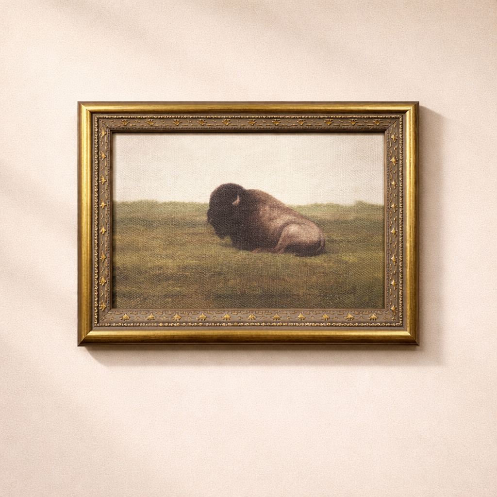 Antique-inspired brass mould framed art of a resting bison by Luxe B Co, showcasing detailed animal imagery and vintage style.