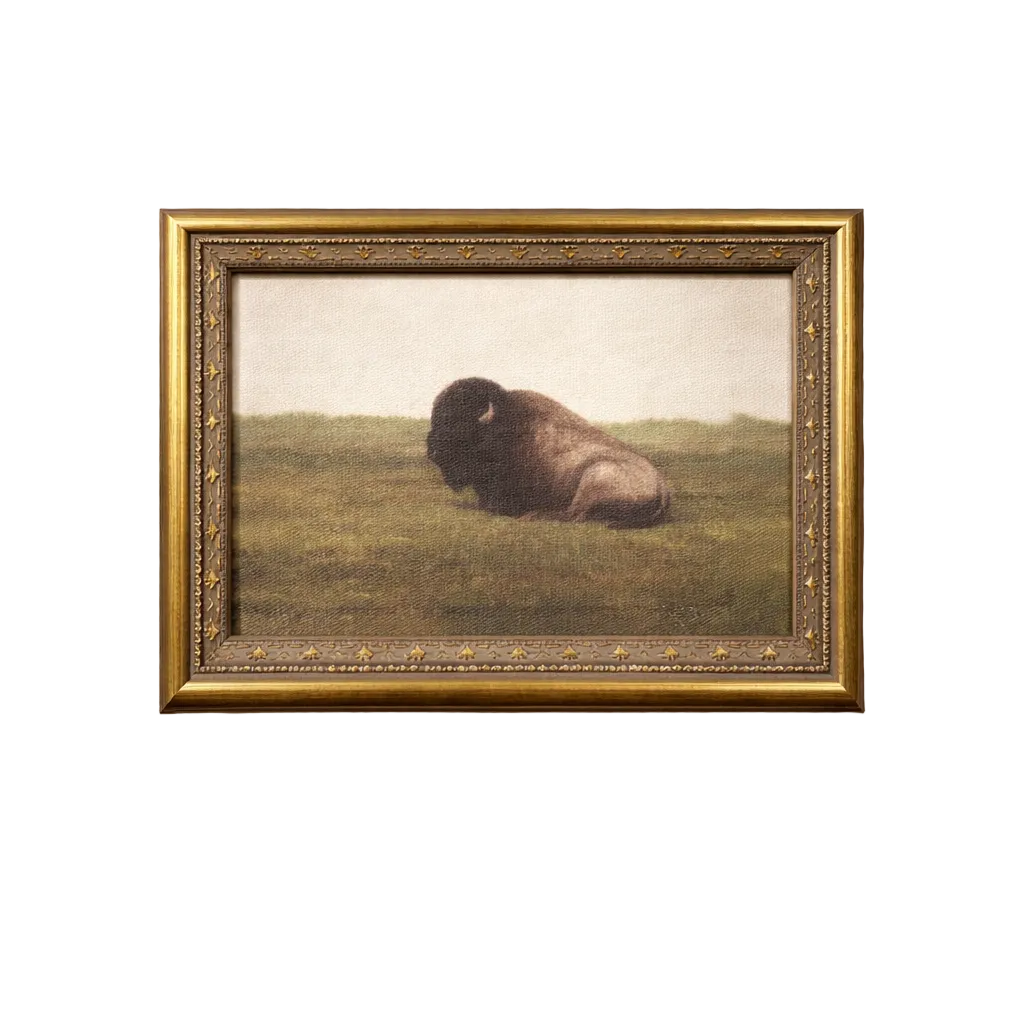 Antique-inspired brass mould framed art of a resting bison by Luxe B Co, showcasing detailed wildlife artwork in a vintage style.