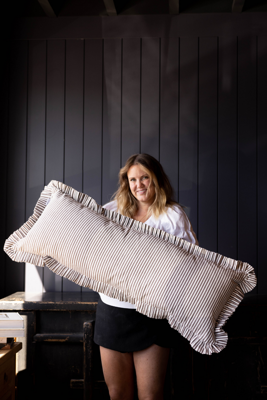 Ruffle Bolster Pillow Cover Brown White Stripes | By Luxe B Co.
