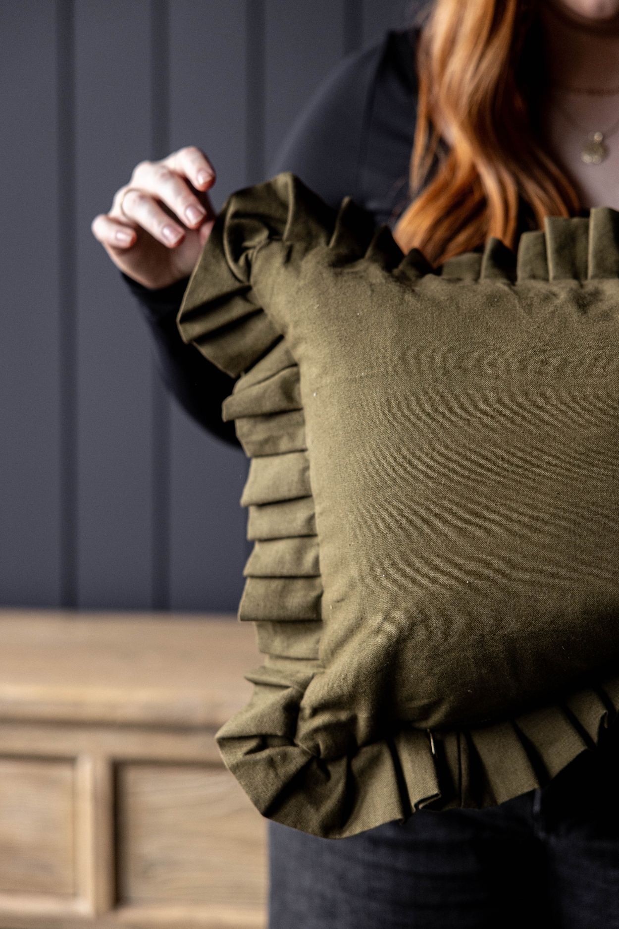 Ruffle Lumbar Pillow Cover Dark Olive Green | By Luxe B Co.