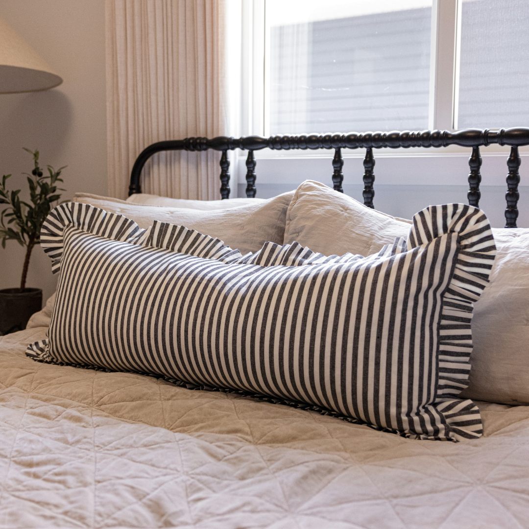 Ruffle Bolster Cover Charcoal Stripes By Luxe B Co. 