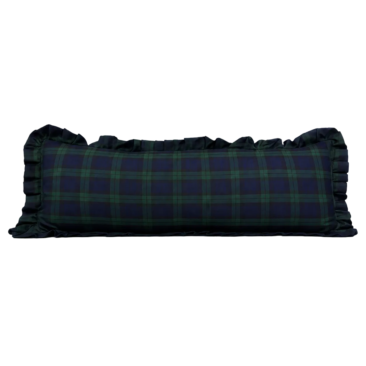 Green plaid ruffle bolster pillow cover by Luxe B Co featuring soft ruffled edges and a stylish pattern.