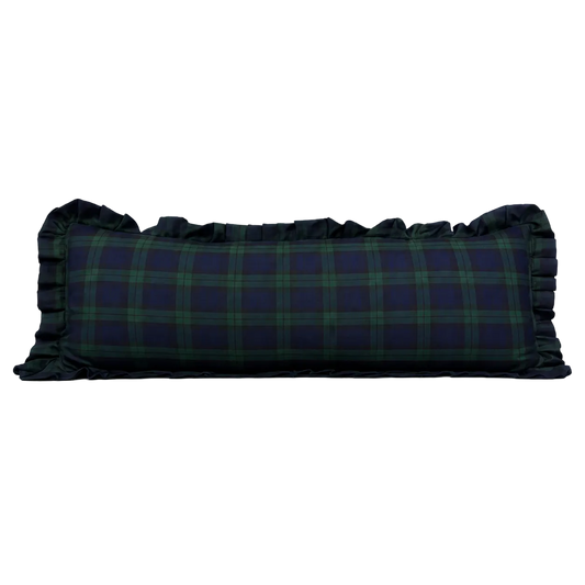 Green plaid ruffle bolster pillow cover by Luxe B Co featuring soft ruffled edges and a stylish pattern.
