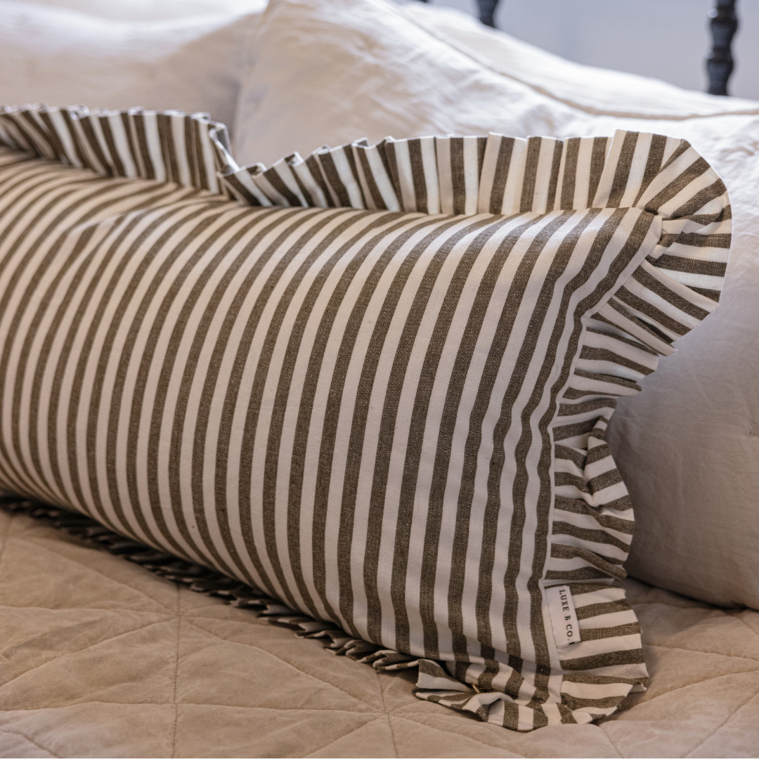 Ruffle Bolster Cover Olive Stripes By Luxe B Co.