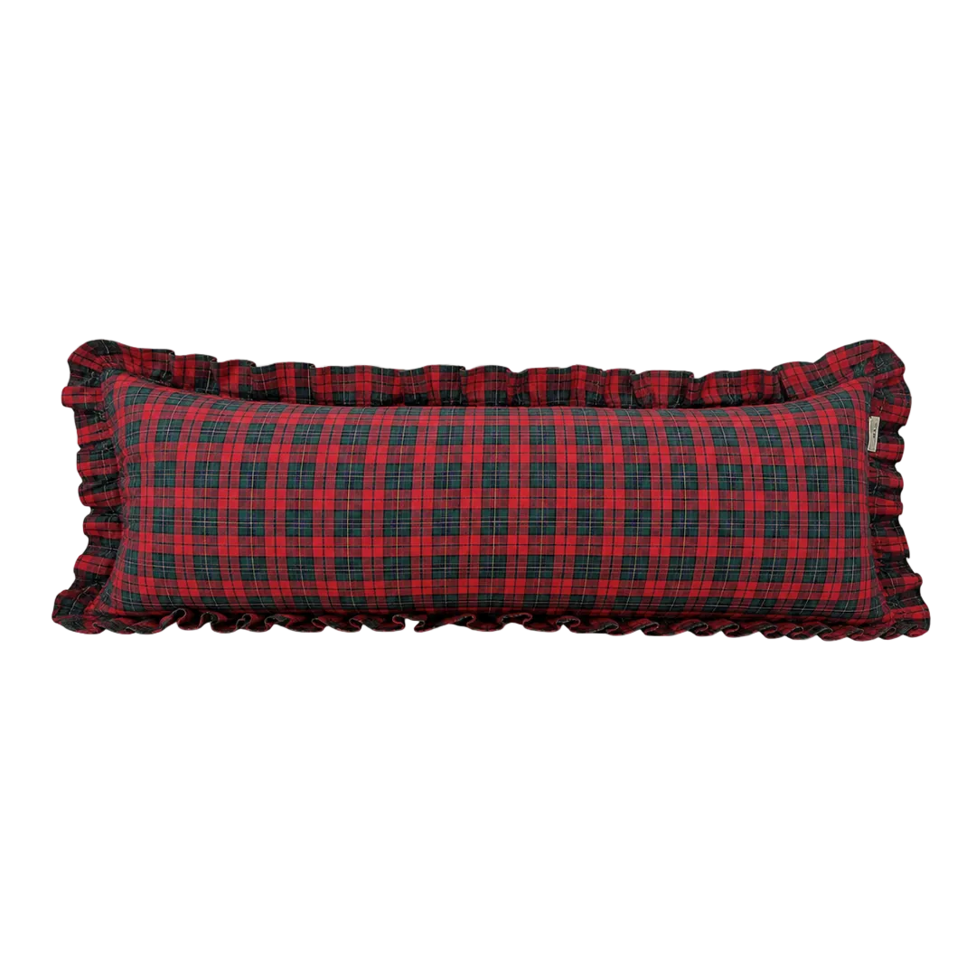 Red plaid Ruffle Bolster Pillow Cover by Luxe B Co featuring ruffled edges and a cozy, stylish design.