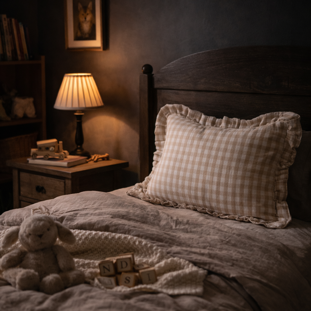 Bedroom scene with a bed, lamp, and decorative items in a dimly lit room.