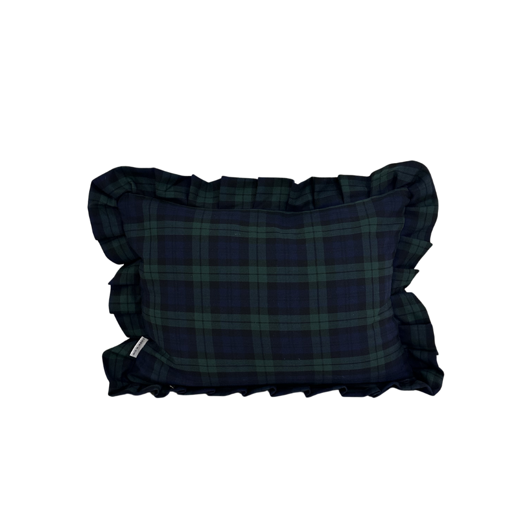 Green plaid lumbar pillow sham with ruffle detail by Luxe B Co, showcasing a soft fabric and decorative design.