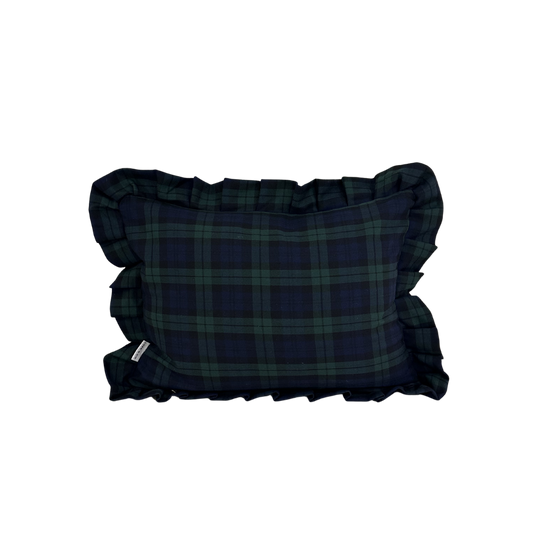 Green plaid lumbar pillow sham with ruffle detail by Luxe B Co, showcasing a soft fabric and decorative design.