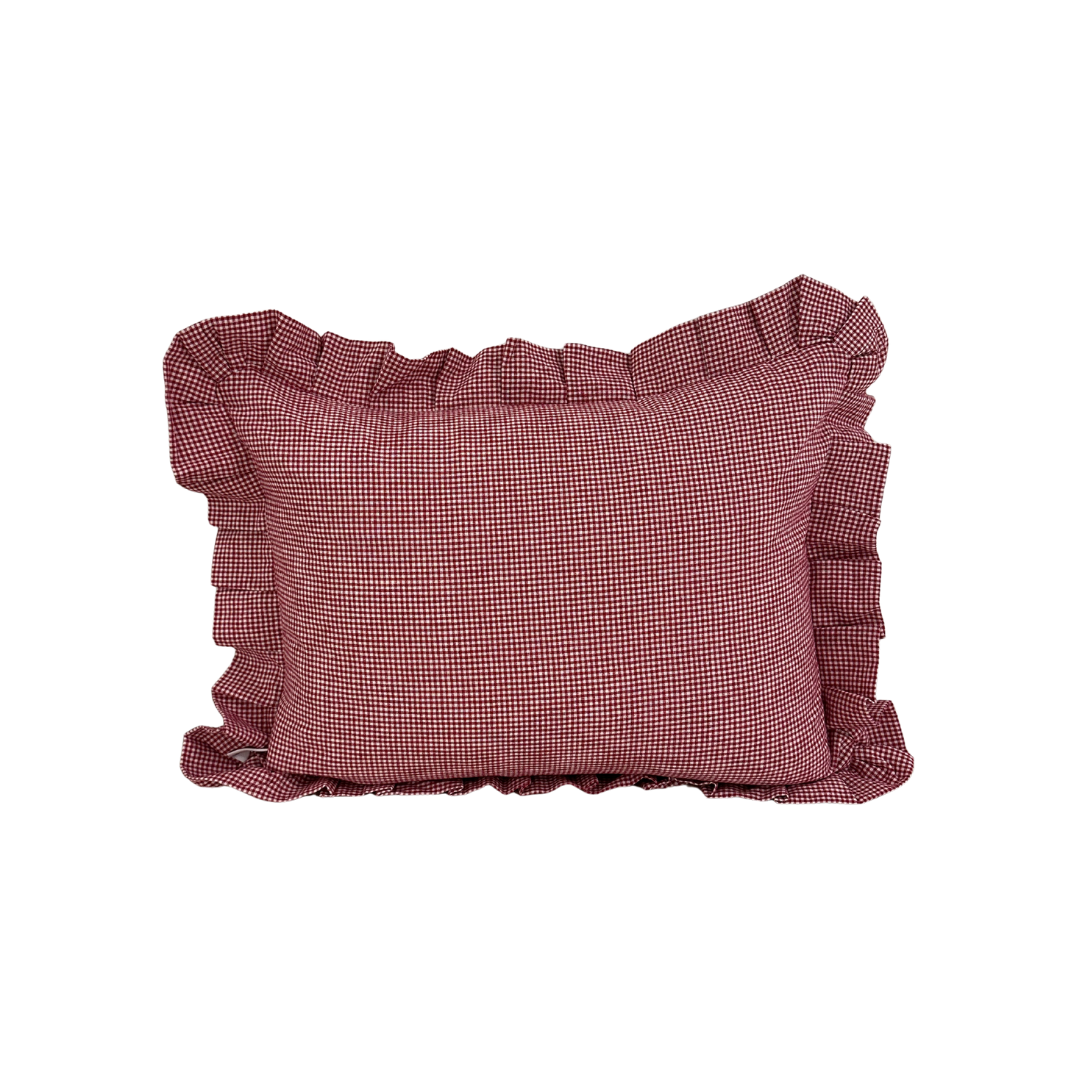 Red mini gingham lumbar pillow sham with ruffle detail by Luxe B Co, showcasing soft fabric and decorative design.