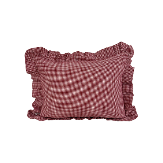 Red mini gingham lumbar pillow sham with ruffle detail by Luxe B Co, showcasing soft fabric and decorative design.