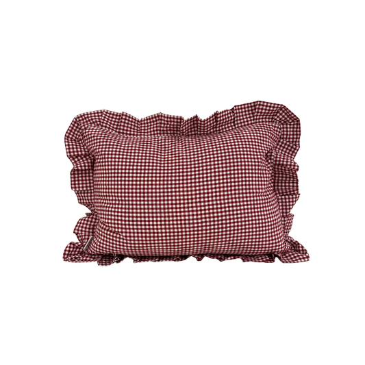 Red gingham ruffle lumbar pillow sham by Luxe B Co, showcasing a cozy, decorative pillow cover with soft ruffle details.