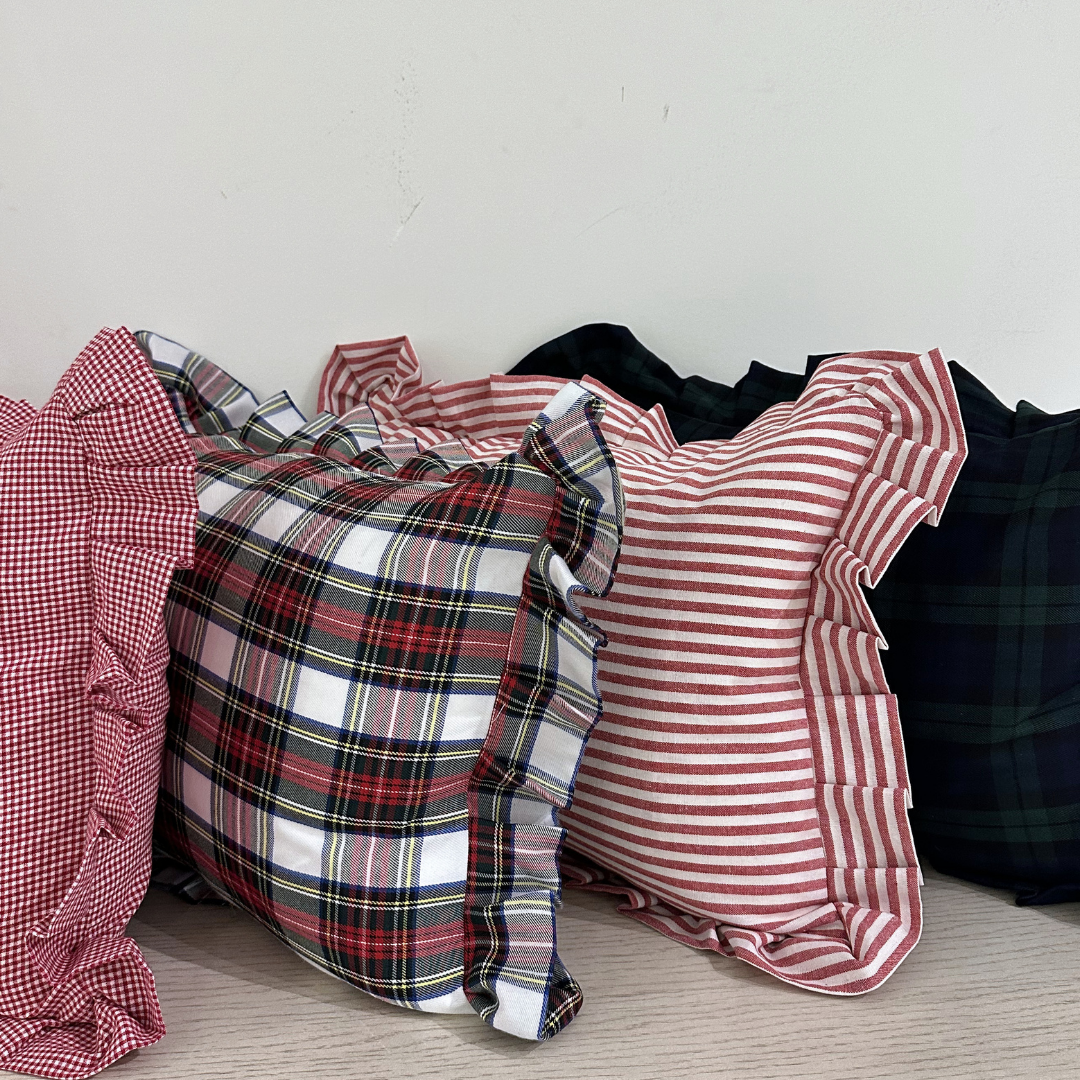 Red gingham lumbar pillow sham with ruffle details, Luxe B Co decorative pillow cover for cozy home decor.