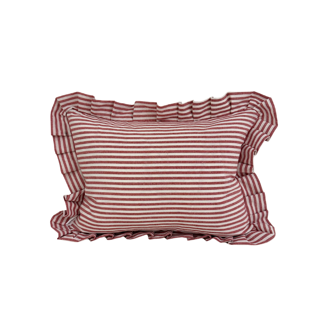 Red striped lumbar pillow sham with ruffle details, Luxe B Co pillow cover for decorative bedroom or living room accents.