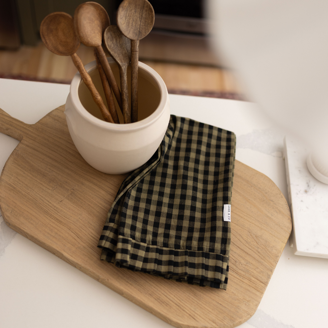 Ruffle Olive Green Gingham Kitchen Dish Towel | By Luxe B Co.
