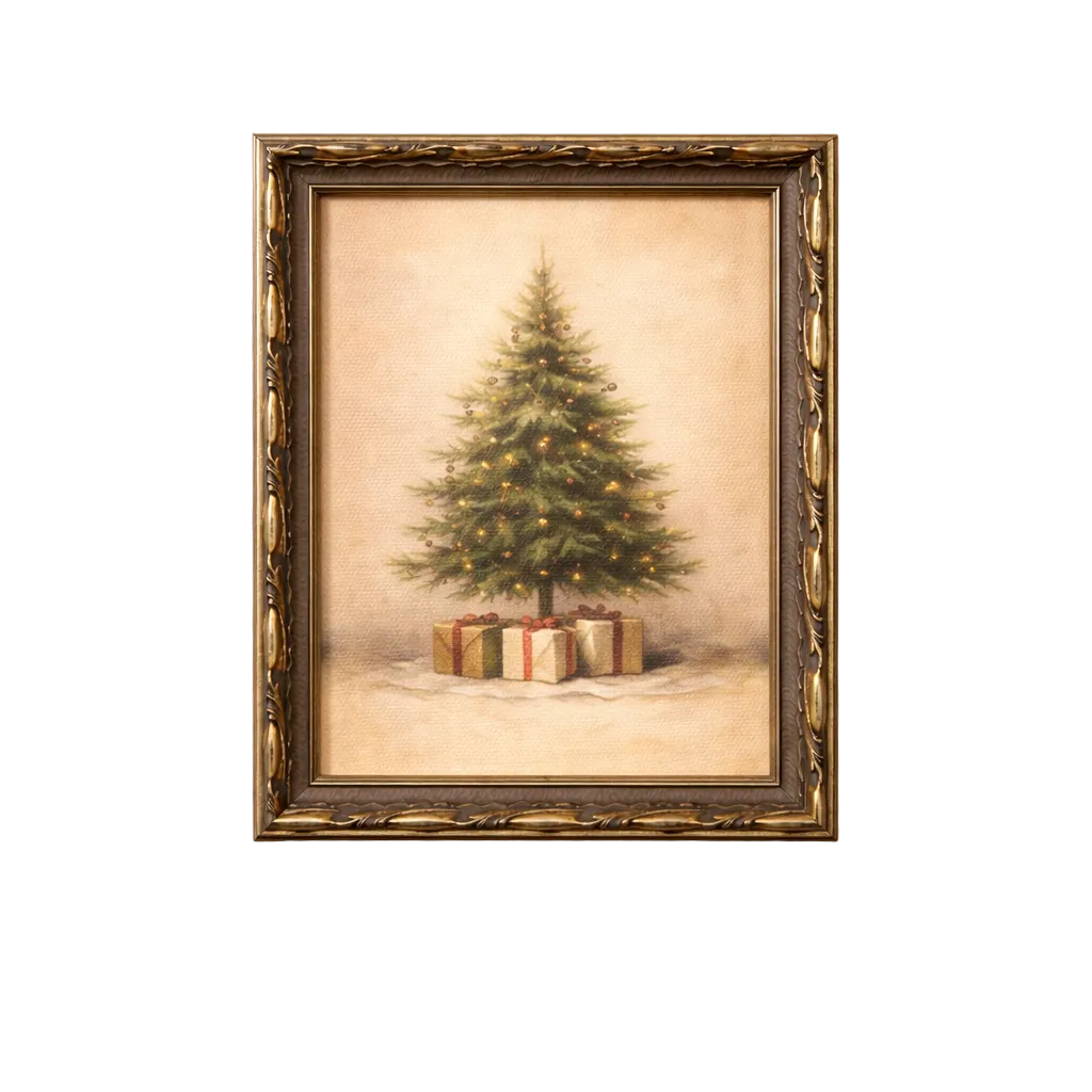 Rustic Christmas Tree framed art by Luxe B Co featuring antique-inspired silver crown leaf design.