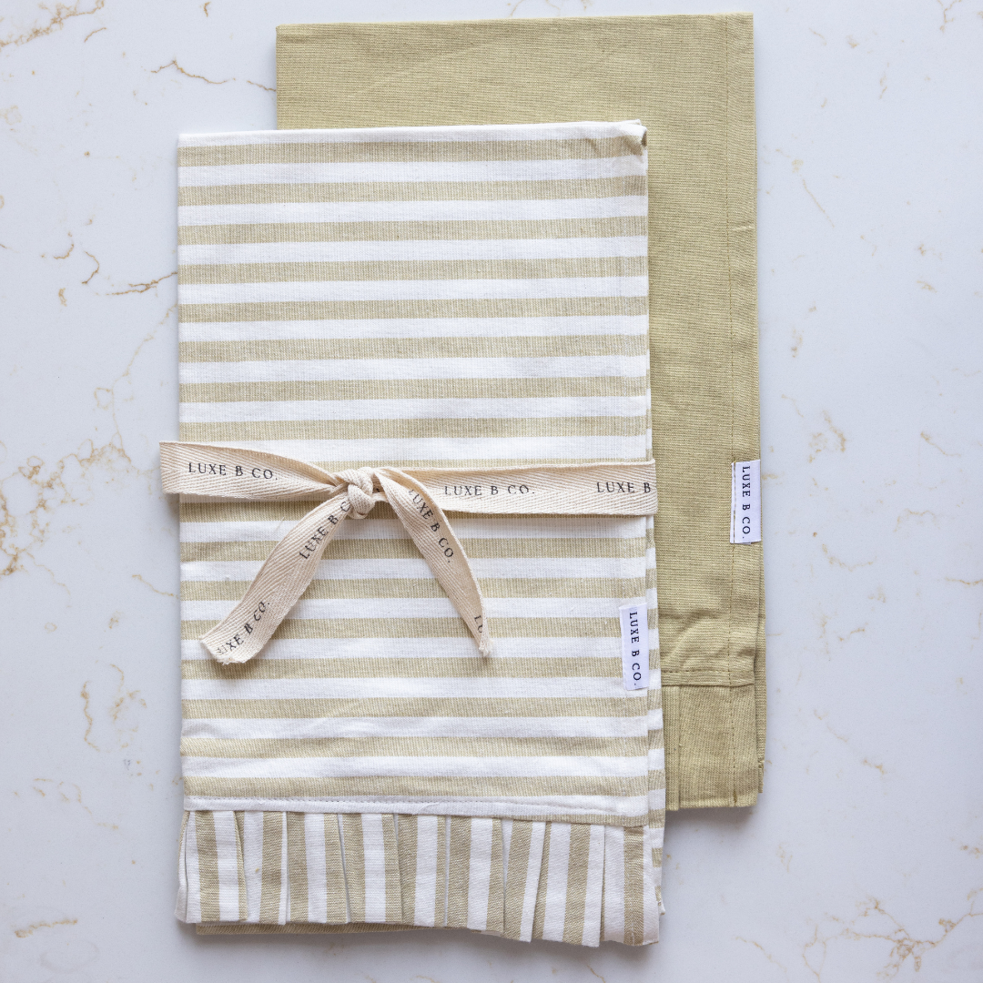 Sage Green & White Stripes Ruffle Kitchen Dish Towel | By Luxe B Co.