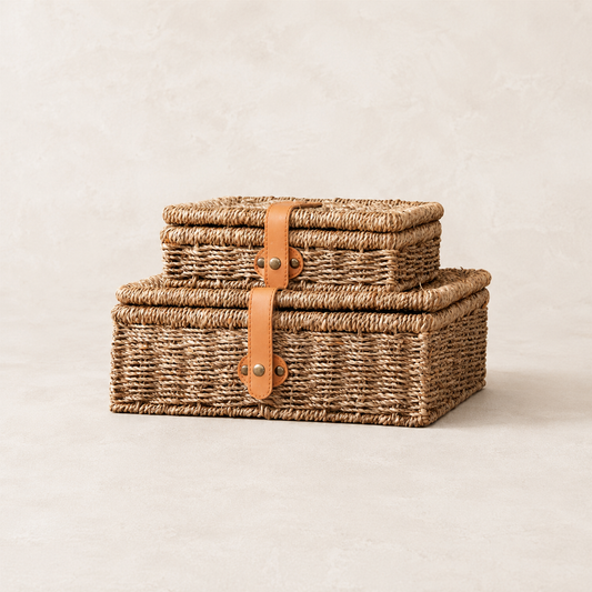 Set of three woven decorative boxes from Simple Treasures by Audrey's Home & Gift, featuring natural fiber textures and compact sizes.