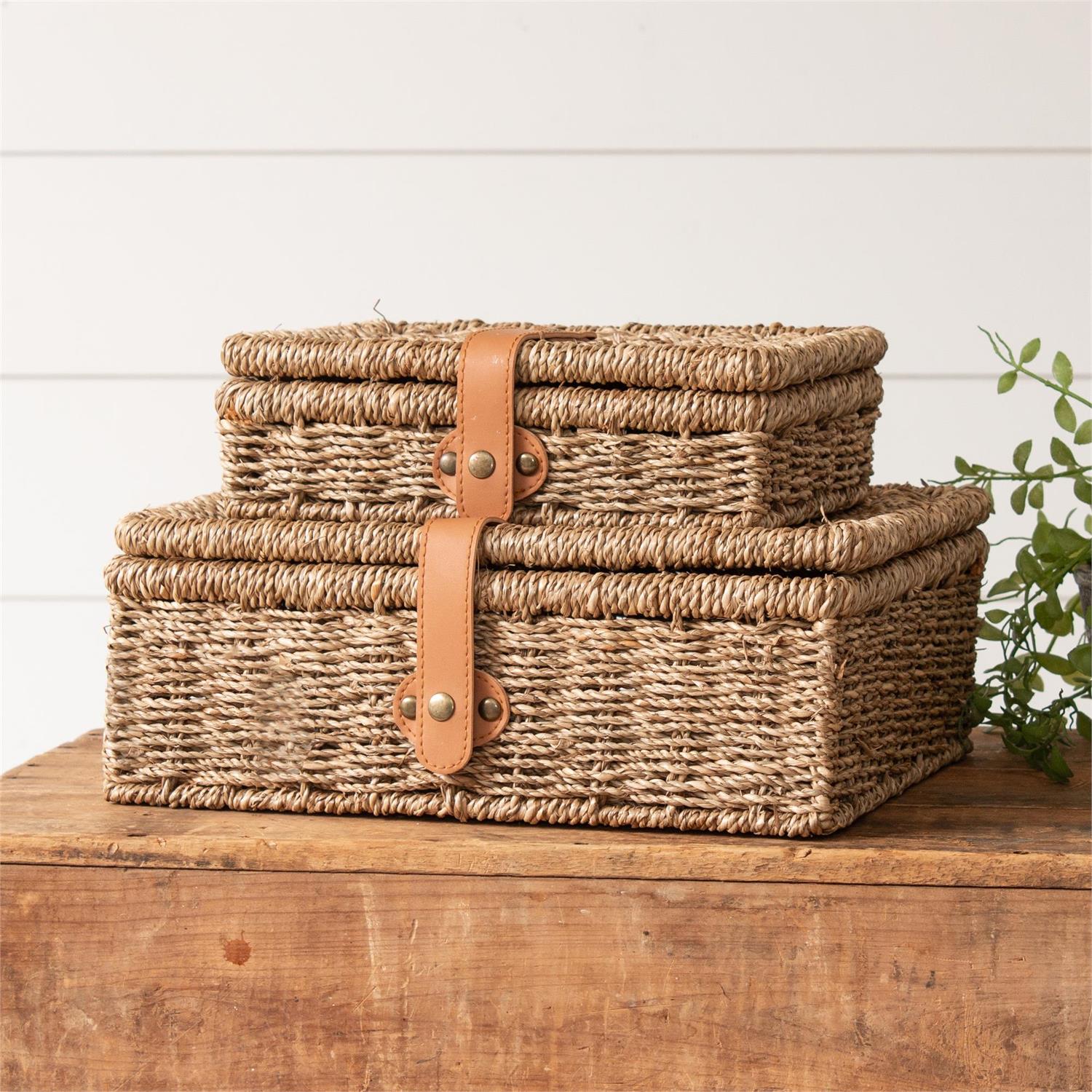 Set of three decorative woven boxes from Simple Treasures by Audrey's Home & Gift, with natural fiber textures and versatile storage.