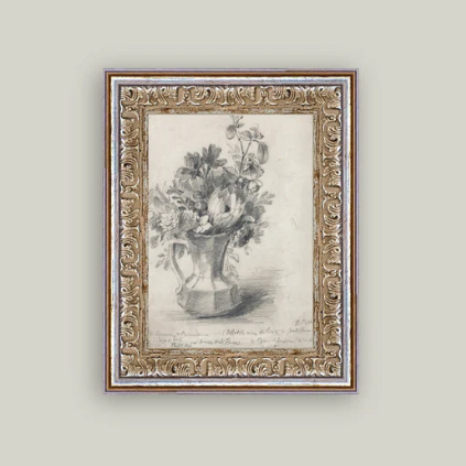 Framed antique-inspired art of sketch flowers in a pitcher by Luxe B Co, showcasing delicate botanical illustrations.