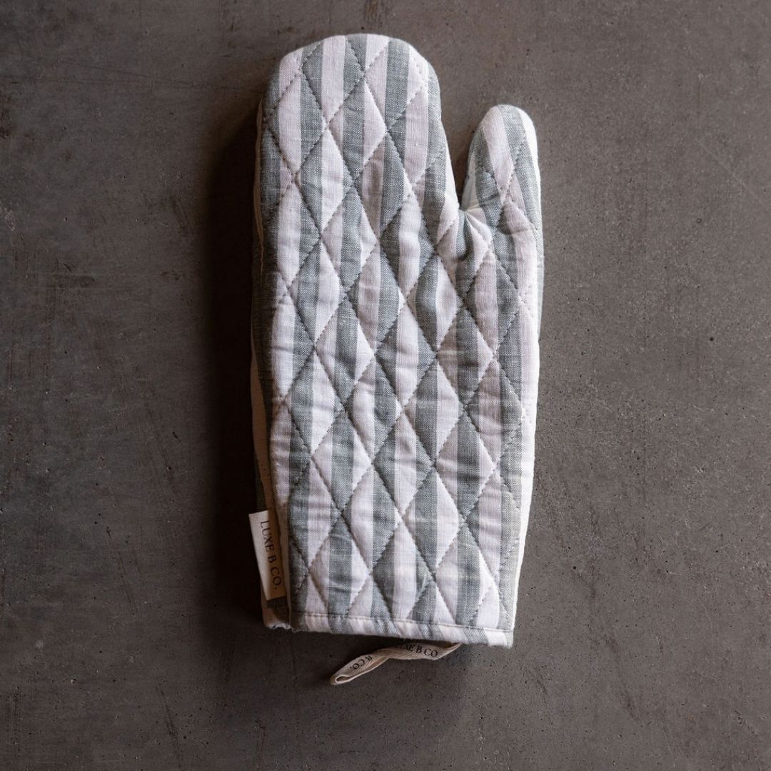 Soft Green Stripes Linen Oven Mitt | By Luxe B Co. 