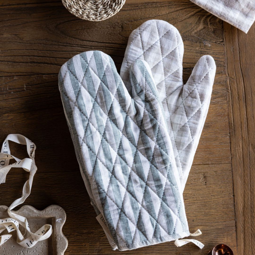 Soft Green Stripes Linen Oven Mitt | By Luxe B Co. 