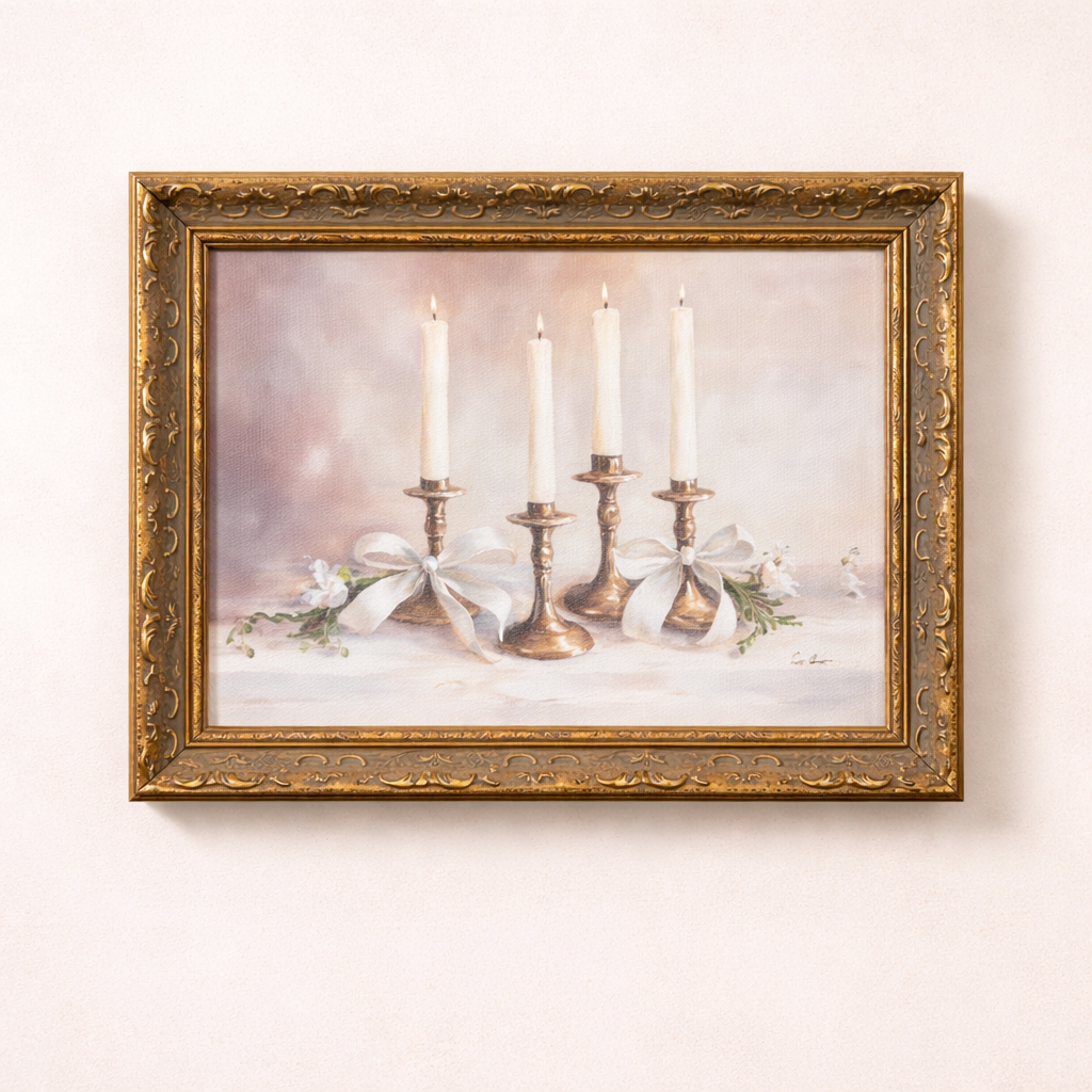 Framed art featuring a tapered holiday candle with antique-inspired gold leaf crown by Luxe B Co.