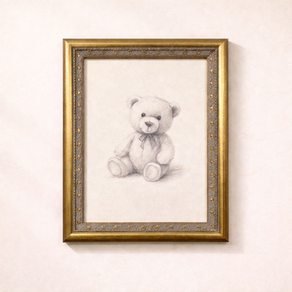 Antique-inspired brass mould framed art of a teddy bear sketch, featuring intricate detailing and a vintage aesthetic.