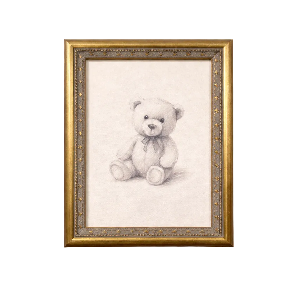 Antique-inspired brass mould framed art featuring a detailed teddy bear sketch by Luxe B Co.