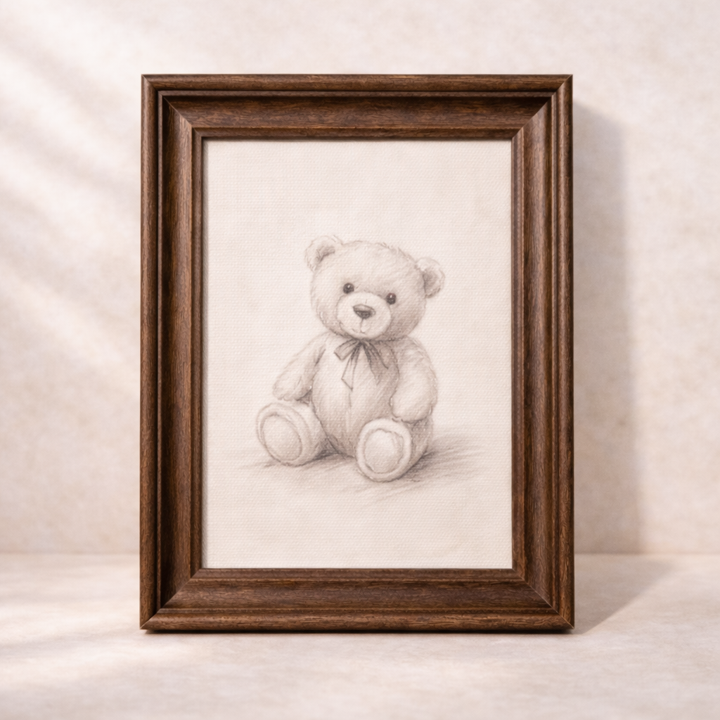 Framed antique-inspired teddy bear sketch artwork by Luxe B Co, vintage-style classic Westbury art piece in a decorative frame.