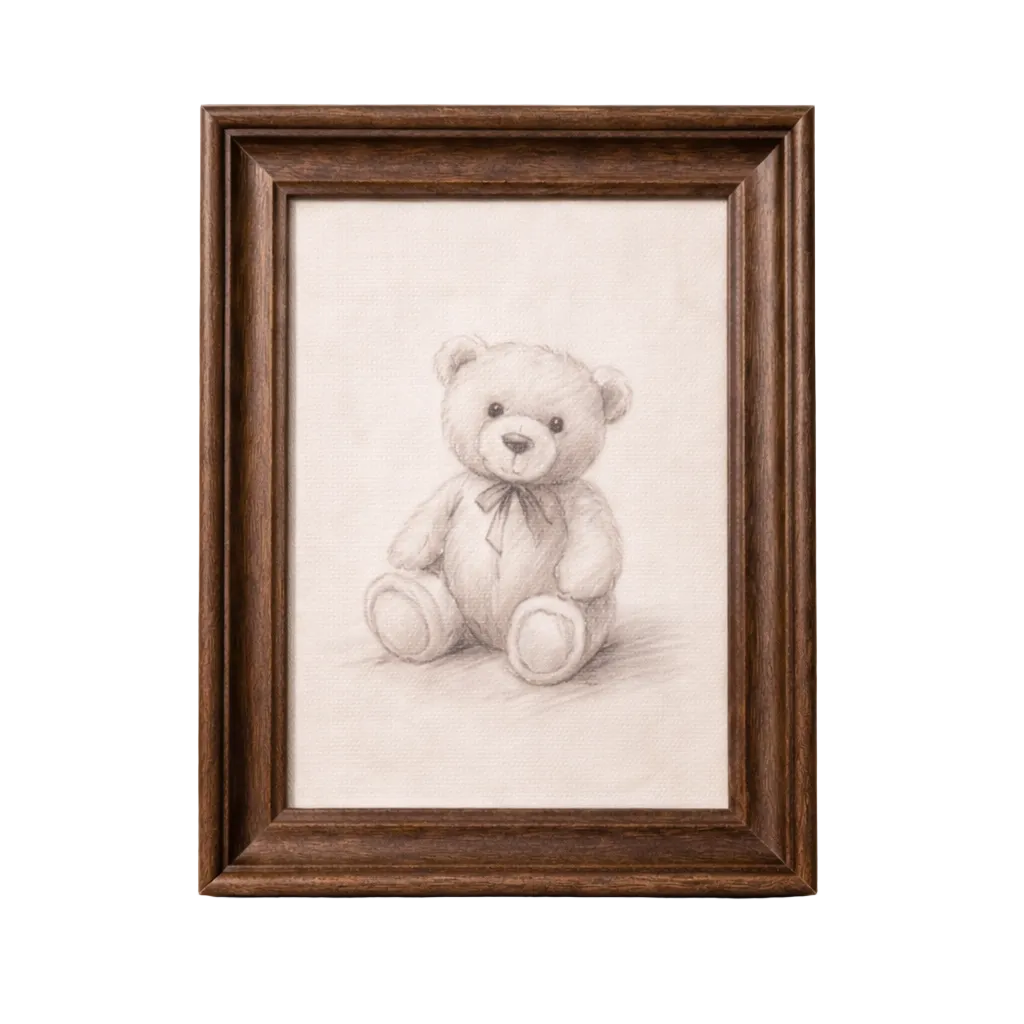 Antique-inspired teddy bear sketch framed art by Luxe B Co, featuring classic design and vintage-style framing.