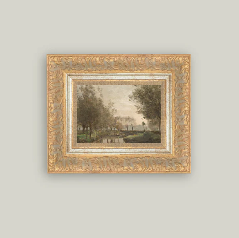 Framed antique-inspired art of a creek landscape by Luxe B Co, showcasing detailed brushwork and vintage aesthetic.