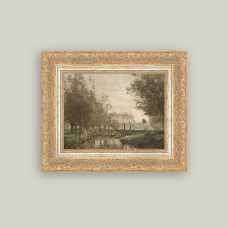 Framed antique-inspired art of a creek scene by Luxe B Co, featuring detailed brushwork and classic wooden frame.