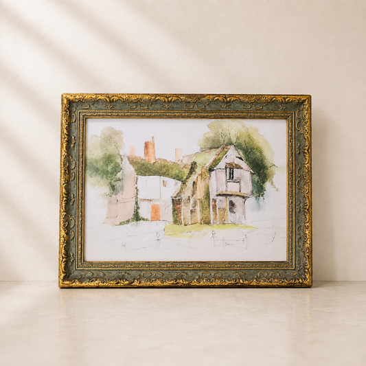 The Garden Cottage | Antique Inspired Gold Leaf Crowned Framed Art By Luxe B Co.