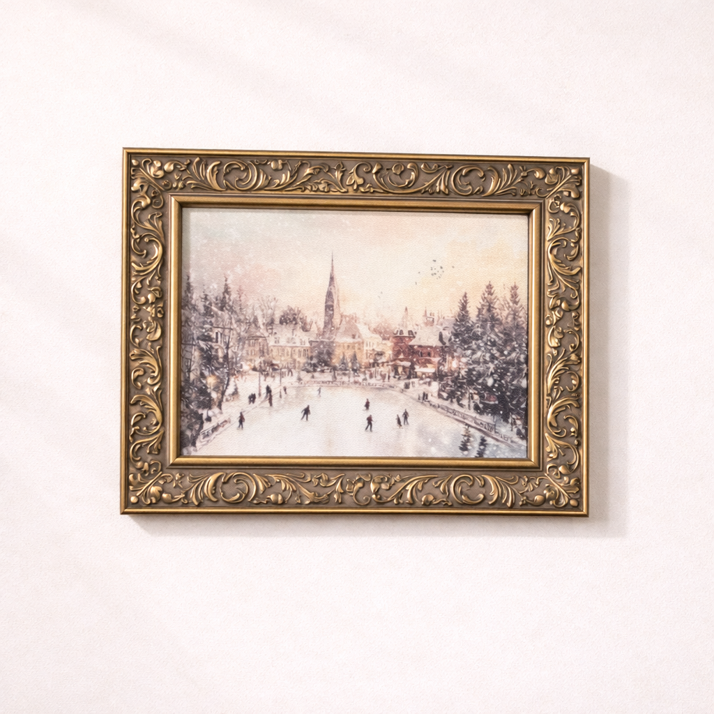 Antique-inspired brass framed art of traditional European skating by Luxe B Co, showcasing vintage skating scene in heirloom style.