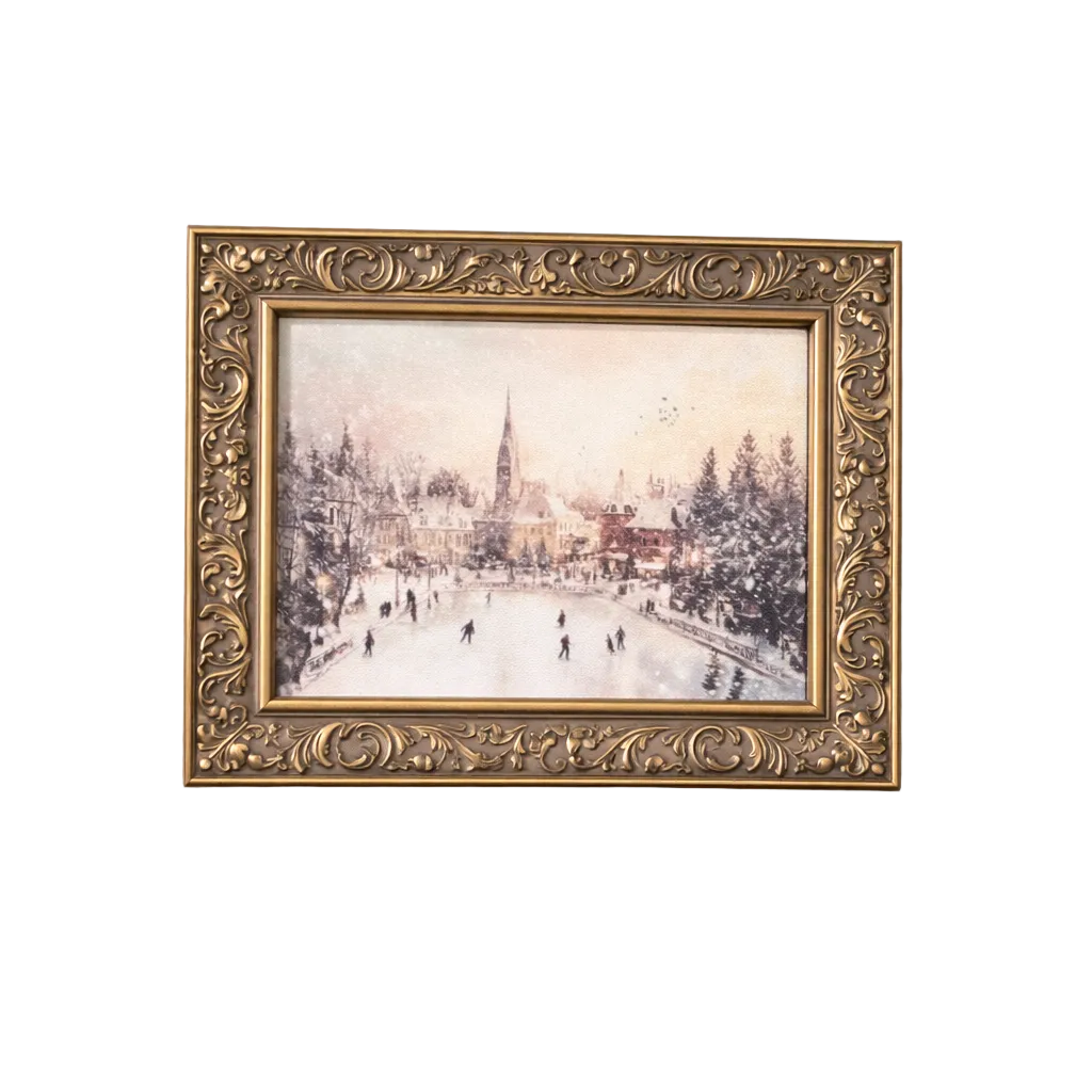 Antique-inspired brass framed art depicting traditional European skating, showcasing vintage design and intricate craftsmanship.